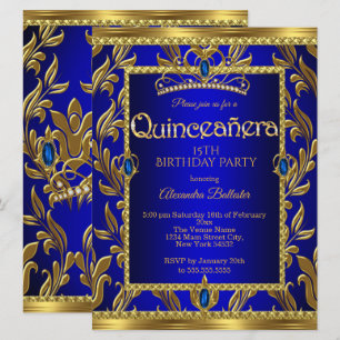 Quinceanera Birthday Royal Blue Jewel Tiara Gold Invitation