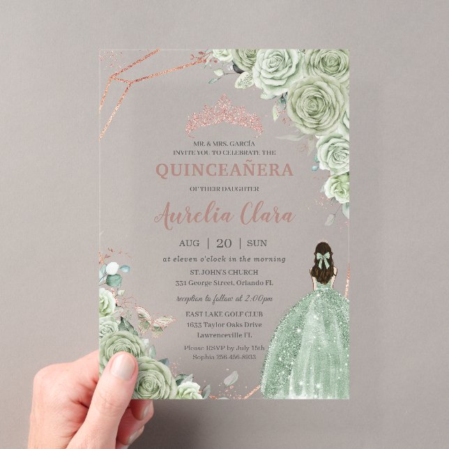 Quinceañera Birthday Sage Green Floral Rose Gold Acrylic Invitations (Insitu (Handheld))