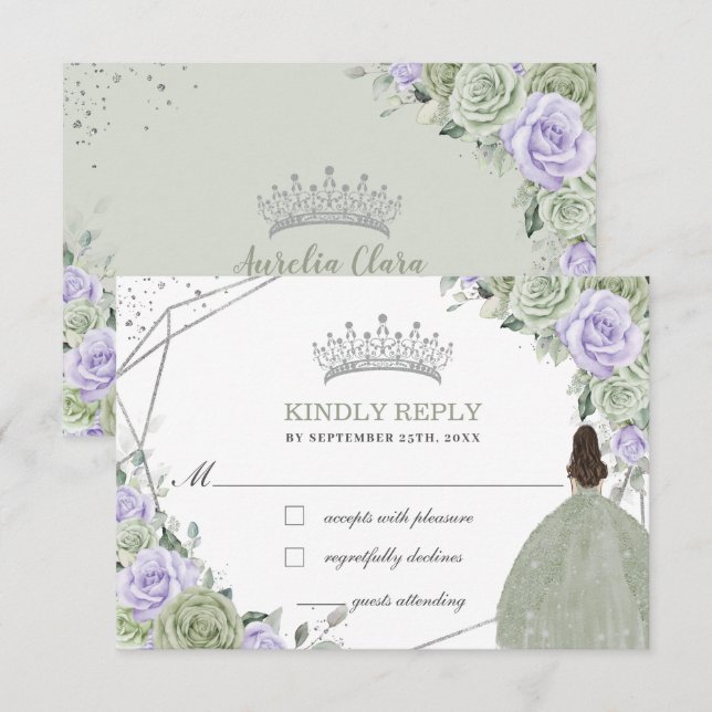 Quinceañera Birthday Sage Green Lavender Floral RSVP Card (Front/Back)