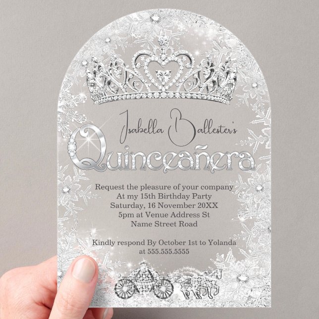 Quinceanera Birthday Silver snowflakes Tiara Acrylic Invitations (Creator Uploaded)