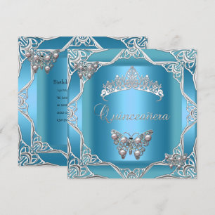 Quinceanera Birthday Teal Silver Tiara Butterfly Invitation