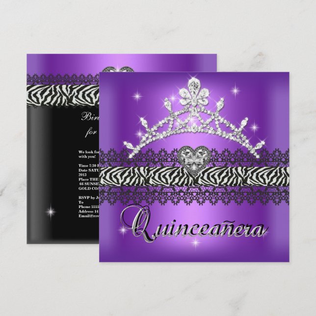 Quinceanera Birthday Zebra Purple Black White Invitation (Front/Back)