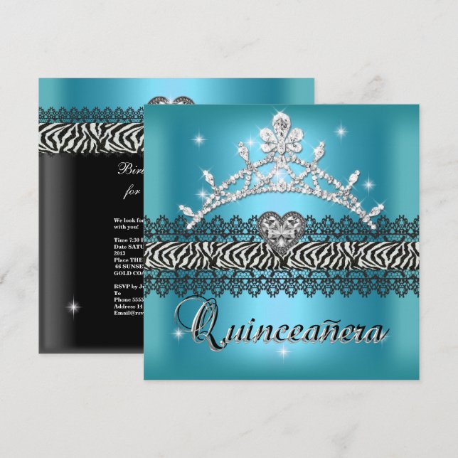 Quinceanera Birthday Zebra Teal Blue Black White Invitation (Front/Back)
