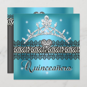 Quinceanera Birthday Zebra Teal Blue Black White Invitation