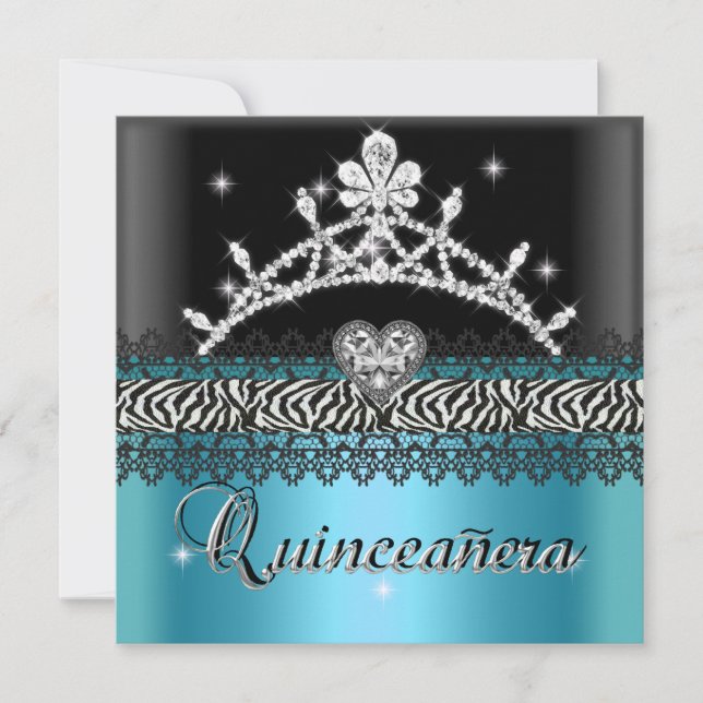 Quinceanera Birthday Zebra Teal Blue Black White Invitation (Front)