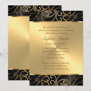Quinceanera Black and Gold Filigree Swirls Invitation