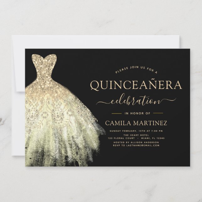 Quinceanera Black and Gold Glitter Sparkle Invitation (Front)