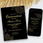 Quinceanera Black and Gold Outline Flowers Floral Invitation<br><div class="desc">Part of our Black and Gold Sketched Flowers Quinceanera Collection, these elegant Quinceanera Invitations can be completely personalized with your custom details. The chic floral design features fine botanical line drawings of flowers and leaves in gold, along with classy script typography. An alternative version of this invitation is also available...</div>