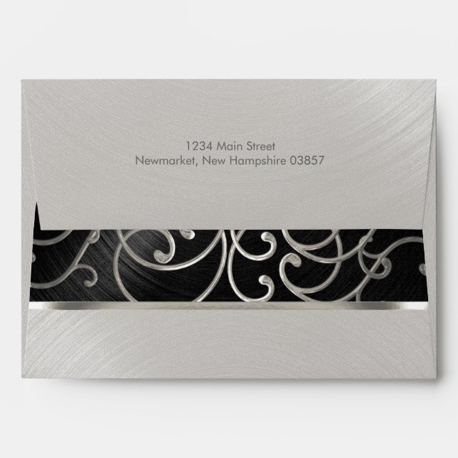 Quinceanera Black and Silver Filigree Swirls Envelope (Back (Top Flap))