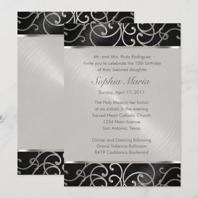 Quinceanera Black and Silver Filigree Swirls Invitation (Front/Back)