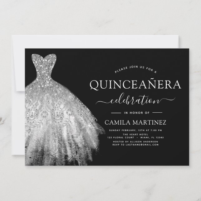 Quinceanera Black and Silver Glitter Sparkle Invitation (Front)