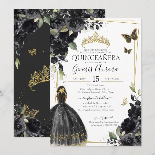 Quinceañera Black Floral Butterfly, Girl in Dress  Invitation (Front/Back)