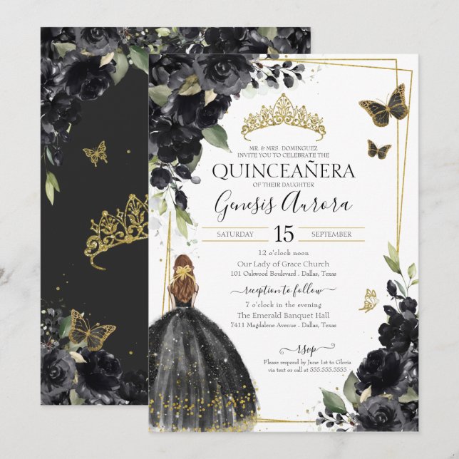 Quinceañera Black Floral Butterfly, Girl in Dress Invitation (Front/Back)