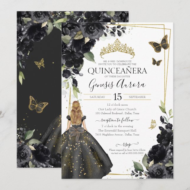 Quinceañera Black Floral Gold Butterfly Dress Invi Invitation (Front/Back)