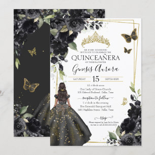 Quinceañera Black Floral Gold Butterfly Dress Invitation