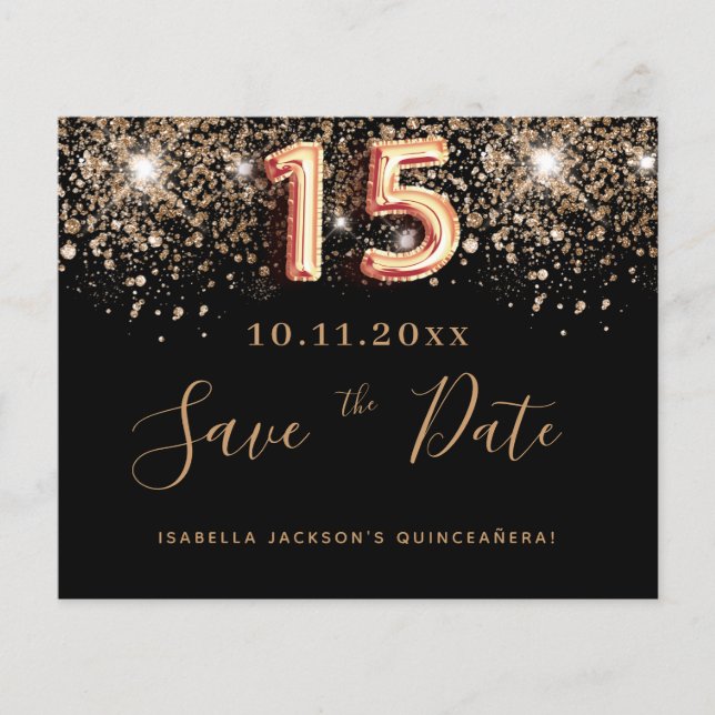 Quinceanera black glitter budget save the date flyer (Front)