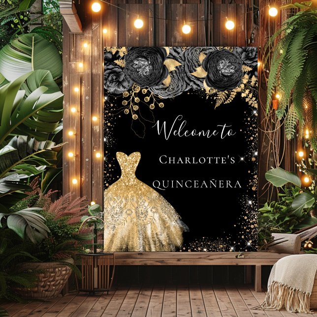 Quinceanera black gold dress floral welcome poster (Creator Uploaded)