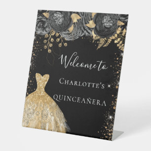 Quinceanera black gold dress flowers welcome pedestal sign