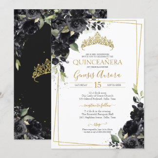 Quinceañera Black & Gold Elegant Watercolor Floral Invitation