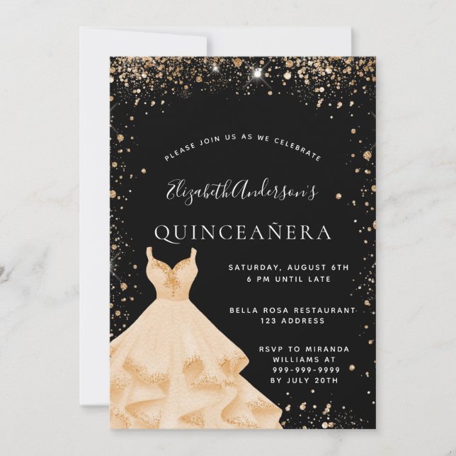 Quinceanera black gold glitter dust dress invitation (Front)