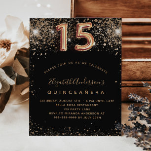 Quinceanera black gold glitter invitation