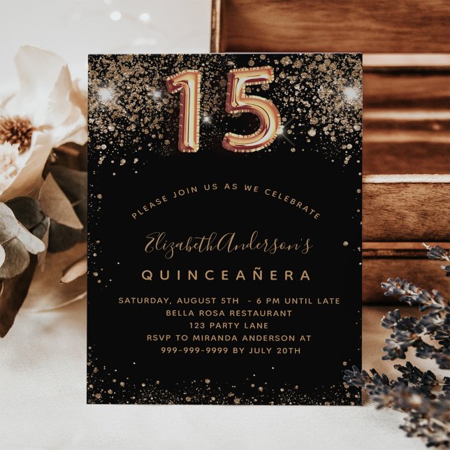 Quinceanera black gold glitter invitation (Creator Uploaded)