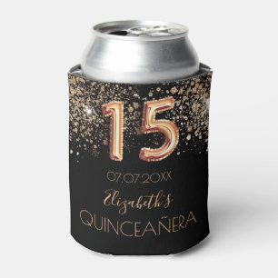 Quinceanera black gold glitter monogram sparkle can cooler