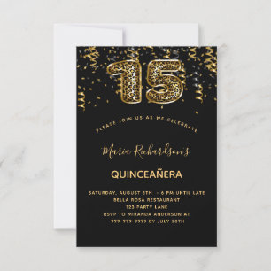 Quinceanera black gold leopard pattern confetti invitation