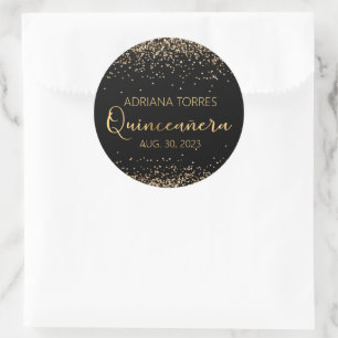 Quinceanera Black Gold Photo Favor Round Sticker