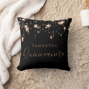 Quinceanera black gold stars name script throw pillow