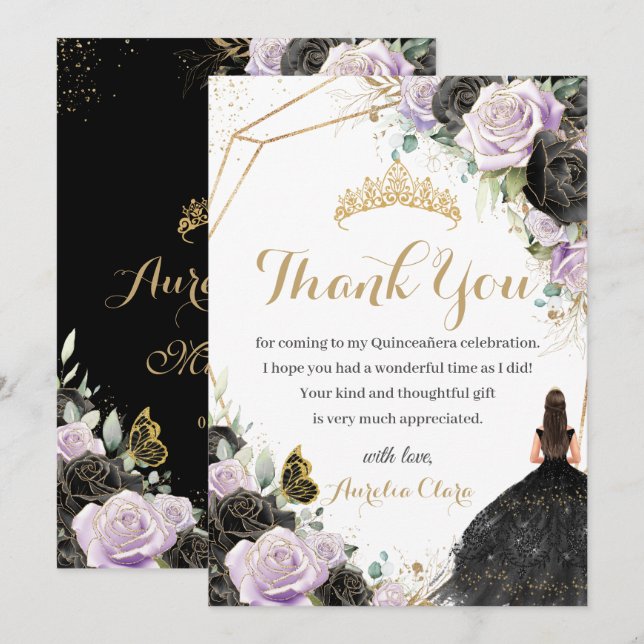 Quinceañera Black Lilac Floral Dress Princess  Thank You Card (Front/Back)