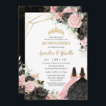 Quinceañera Black Pink Roses Floral Princess Twins Invitation<br><div class="desc">Click the Edit Using Design Tools button to further edit the text,  wording,  font style,  font size,  font colour,  add more text,  move or remove some images.  The butterflies,  quince girls,  crown are movable,  resizable,  multipliable and removable.
Matching items available in store! (c) The Happy Cat Studio</div>