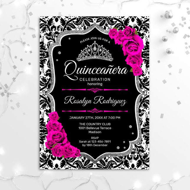 Quinceanera - Black Pink Silver Invitation (Creator Uploaded)