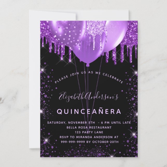 Quinceanera black purple glitter dust balloons invitation (Front)
