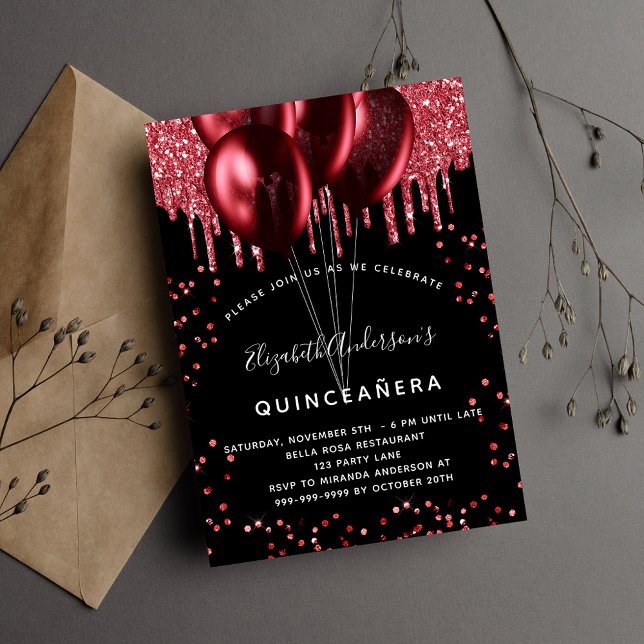 Quinceanera black red balloons invitation (Creator Uploaded)
