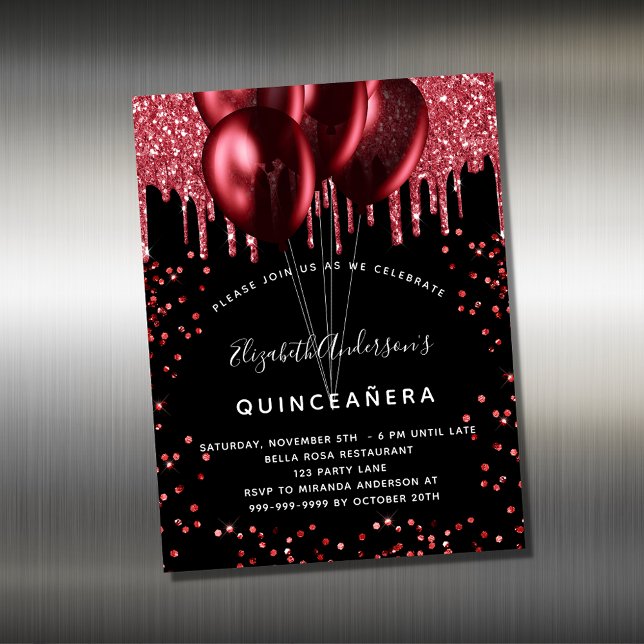 Quinceanera black red balloons invitation magnet (Creator Uploaded)