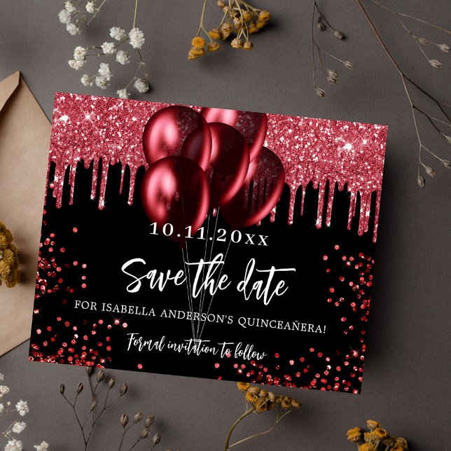 Quinceanera black red balloons save the date card (Creator Uploaded)