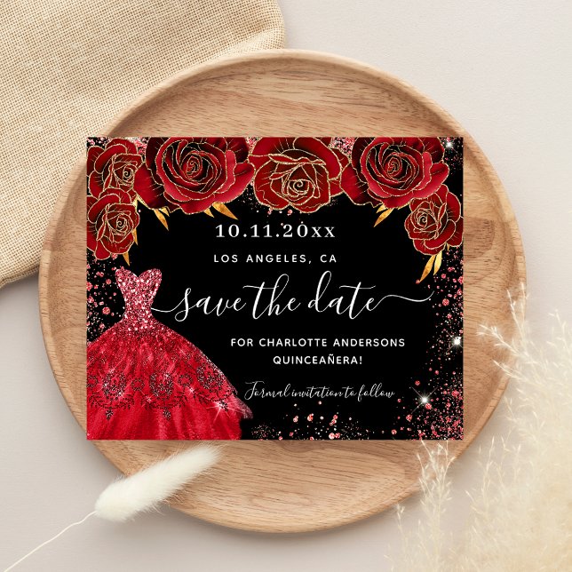 Quinceanera black red dress budget save the date (Creator Uploaded)