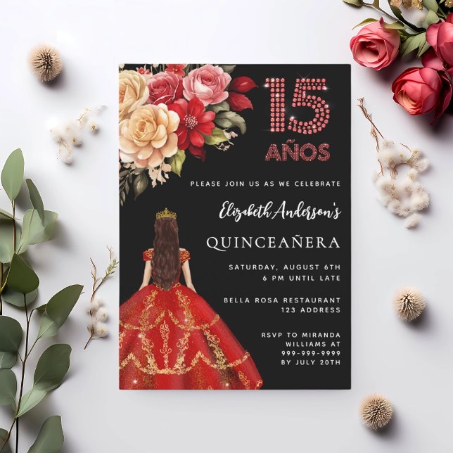Quinceanera black red dress florals roses invitation (Creator Uploaded)