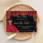 Quinceanera black red dress florals save the date<br><div class="desc">A girly and trendy Save the Date card for a Quinceañera,  15th birthday party. A black background decorated red roses,  red faux glitter sparkles and a red dress. Personalize and add a date and name/age. The text: Save the Date is written with a large trendy hand lettered style script.</div>
