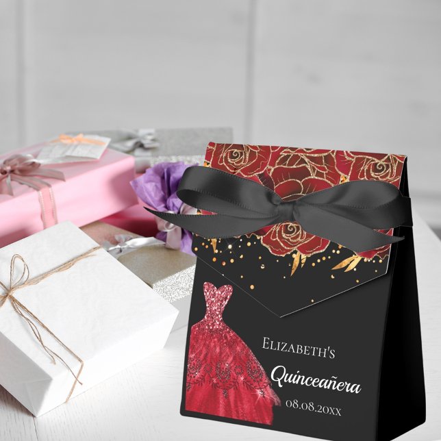 Quinceanera black red dress flowers thank you favor box (Creator Uploaded)