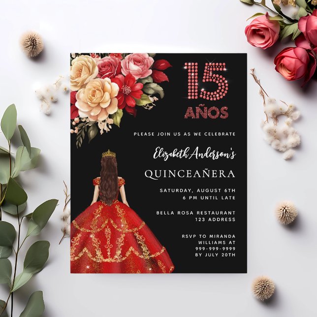 Quinceanera black red dress roses invitation (Creator Uploaded)