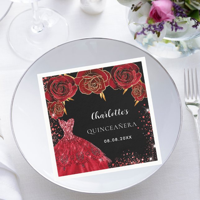 Quinceanera black red dress roses napkin (Creator Uploaded)