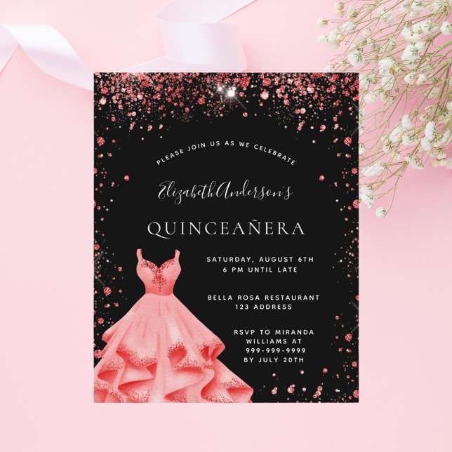 Quinceanera black red glitter dress invitation (Creator Uploaded)