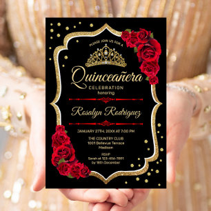 Quinceanera - Black Red Gold Invitation
