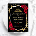 Quinceanera - Black Red Gold Save The Date<br><div class="desc">Gold black red Quinceanera celebration save the date. Features script font,  red roses,  tiara and confetti. Classy design with faux glitter gold. Perfect for an elegant glam celebration. Personalize with your own details. Printed Zazzle cards or instant download digital printable template.</div>