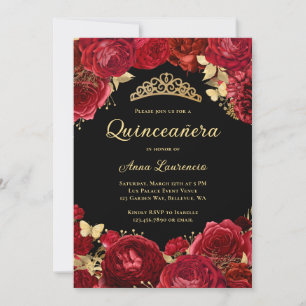 Quinceanera Black Red Roses Flowers Floral Invitation