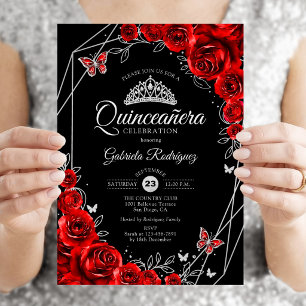 Quinceanera Black Red Silver Floral Invitation