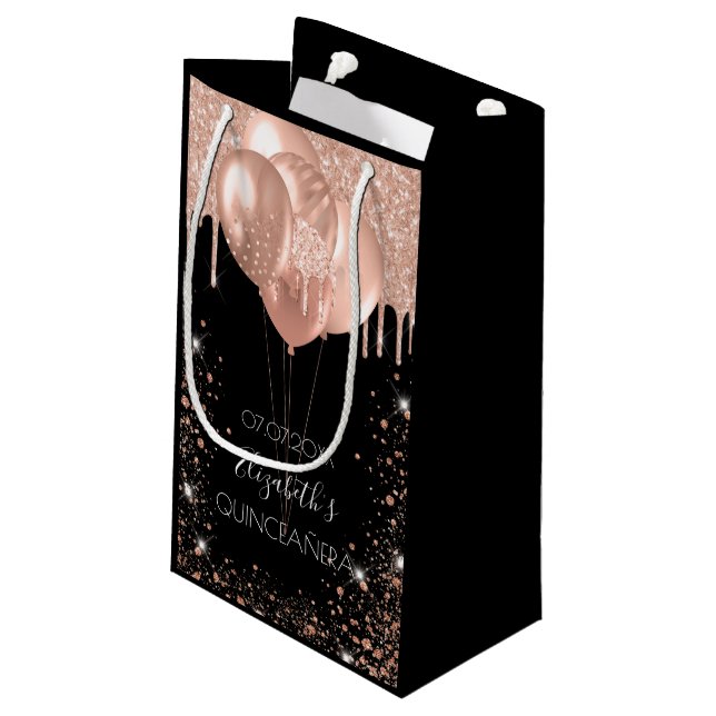 Quinceanera black rose gold glitter balloons small gift bag (Back Angled)