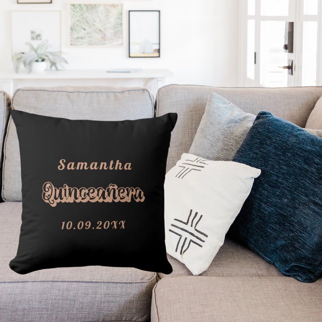 Quinceanera black rose gold name throw pillow (Creator Uploaded)